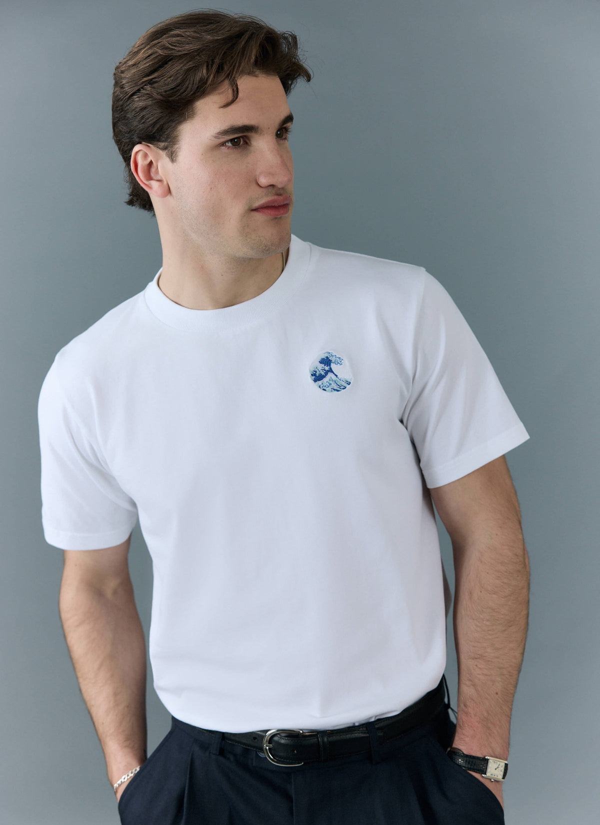 Men's Embroidered T Shirt: Wave - Heavyweight Cotton - White | Percival Sale