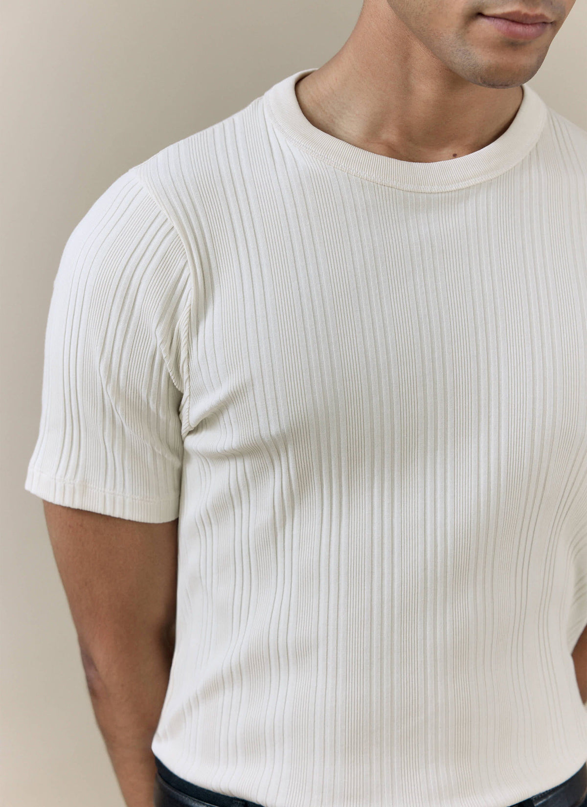 Men's Slim Fit Ribbed T-shirt: Leon - Cotton - Cream | Percival Signature