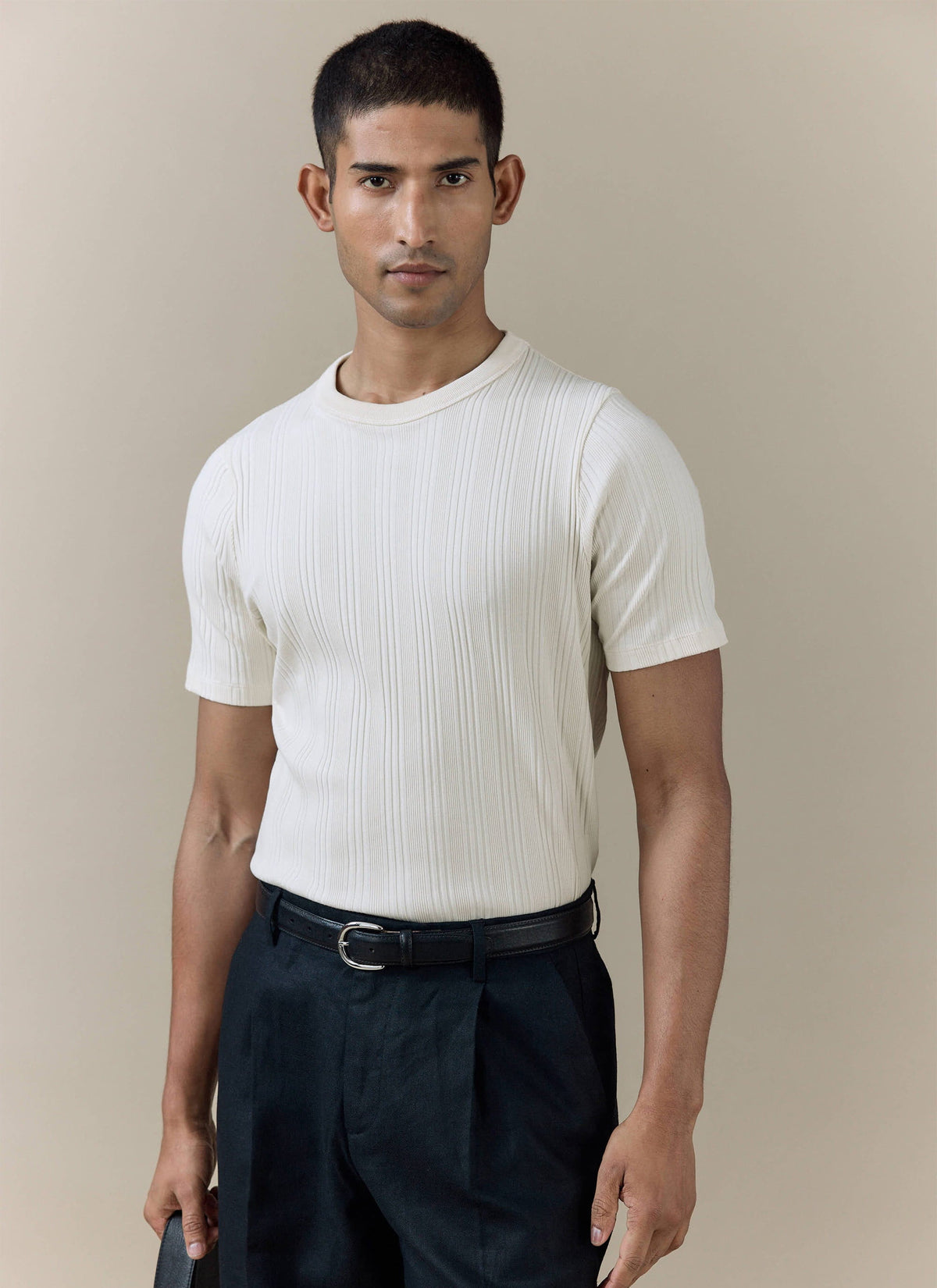 Men's Slim Fit Ribbed T-shirt: Leon - Cotton - Cream | Percival Signature