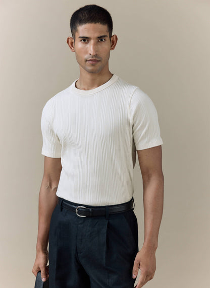 Men's Slim Fit Ribbed T-shirt: Leon - Cotton - Cream | Percival Signature