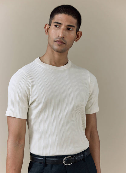 Men's Slim Fit Ribbed T-shirt: Leon - Cotton - Cream | Percival Signature