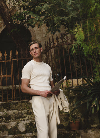 Men's Slim Fit Ribbed T-shirt: Leon - Cotton - Cream | Percival Signature