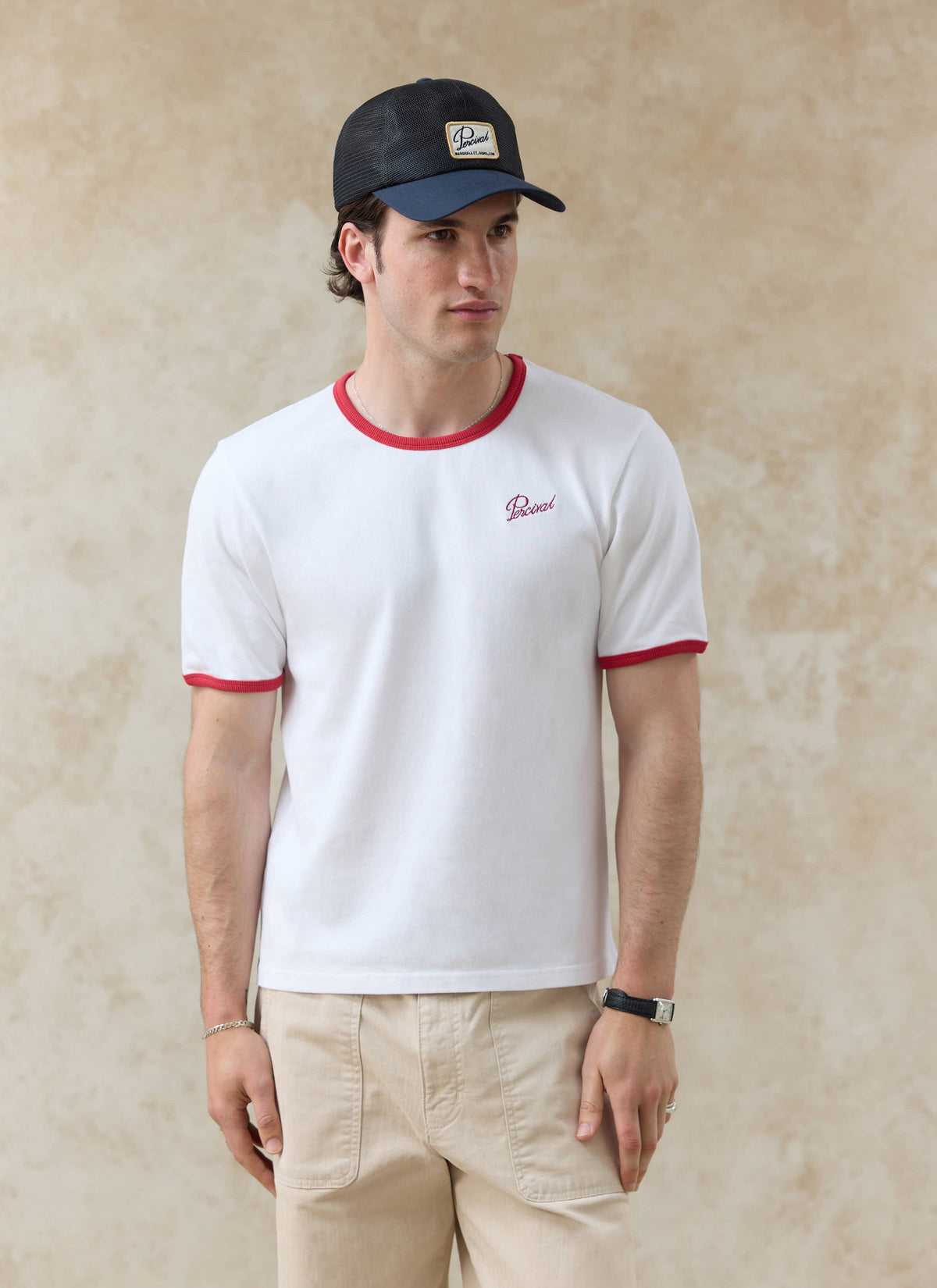 Men's Ringer T Shirt - Slim Fit - Cotton - White & Red | Percival Trusted
