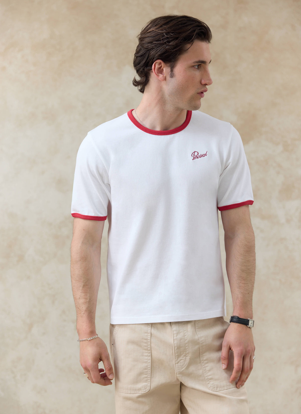 Men's Ringer T Shirt - Slim Fit - Cotton - White & Red | Percival Trusted