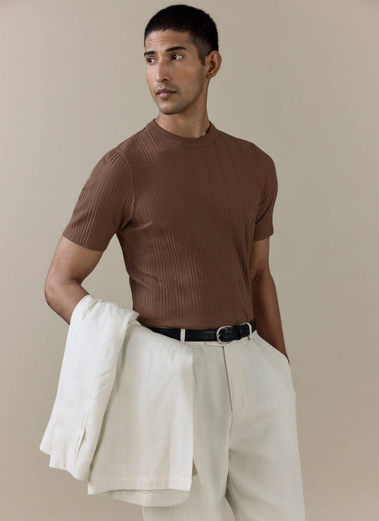 Men's Slim Fit RIbbed T Shirt: Leon - Cotton - Brown | Percival Featured