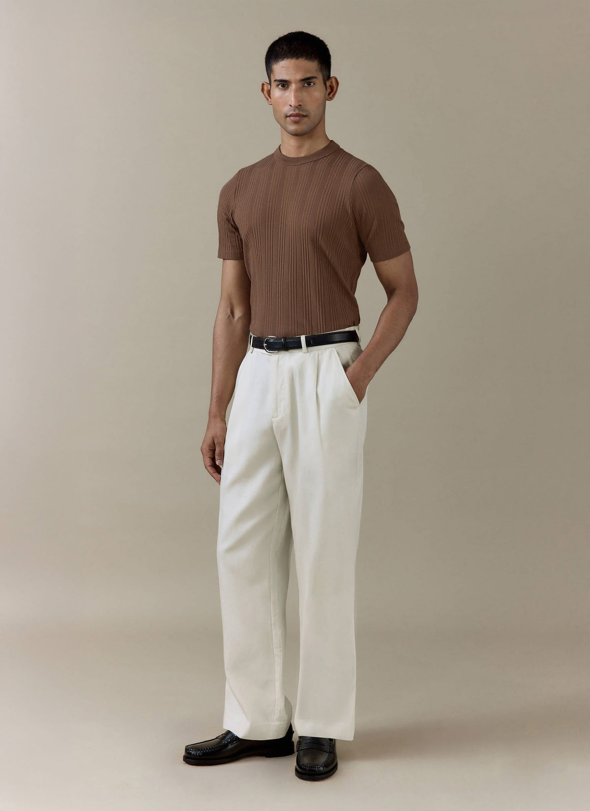 Men's Slim Fit RIbbed T Shirt: Leon - Cotton - Brown | Percival Featured