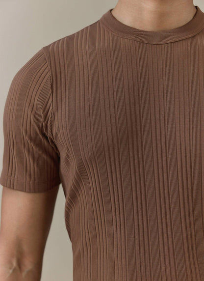 Men's Slim Fit RIbbed T Shirt: Leon - Cotton - Brown | Percival Featured