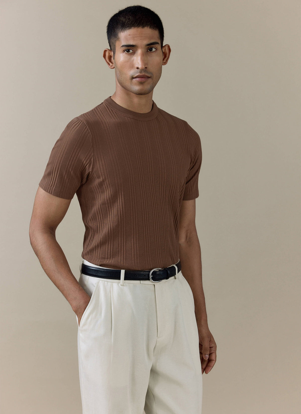 Men's Slim Fit RIbbed T Shirt: Leon - Cotton - Brown | Percival Featured