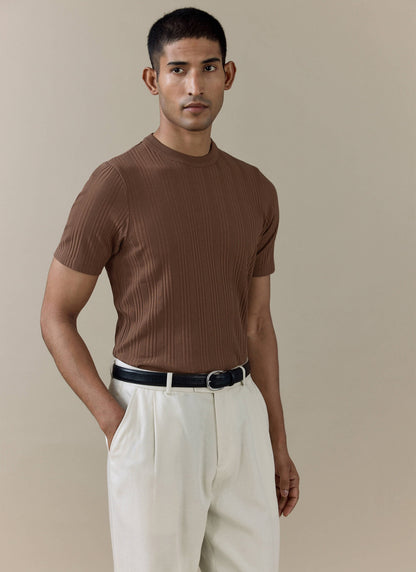 Men's Slim Fit RIbbed T Shirt: Leon - Cotton - Brown | Percival Featured