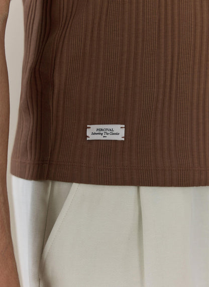 Men's Slim Fit RIbbed T Shirt: Leon - Cotton - Brown | Percival Featured