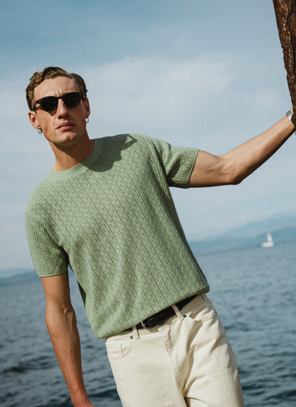 Men's Knitted T Shirt - Siena - Cotton - Pistachio Green | Percival Discount