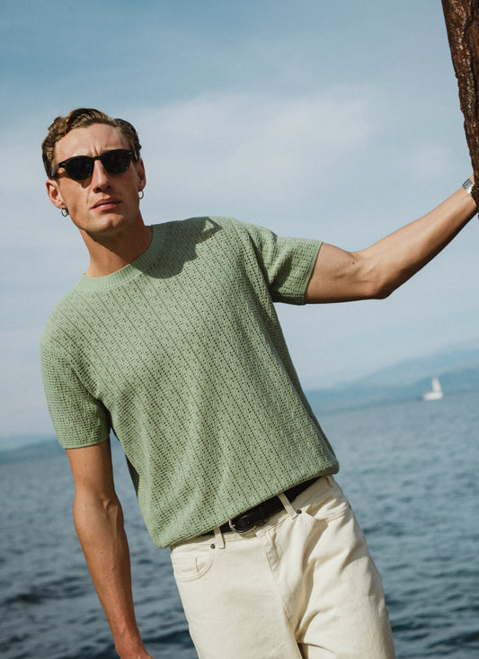 Men's Knitted T Shirt - Siena - Cotton - Pistachio Green | Percival Discount