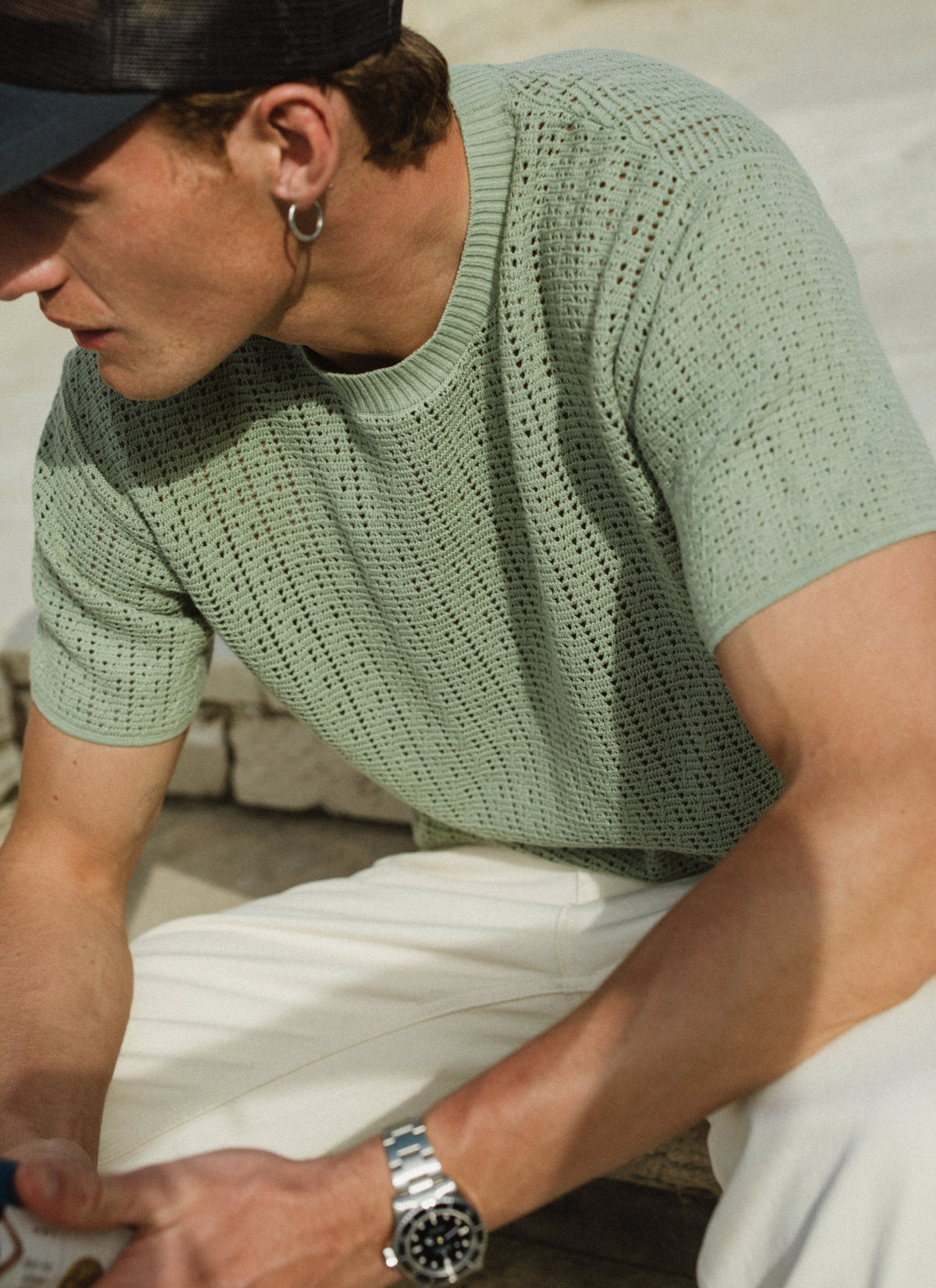 Men's Knitted T Shirt - Siena - Cotton - Pistachio Green | Percival Discount