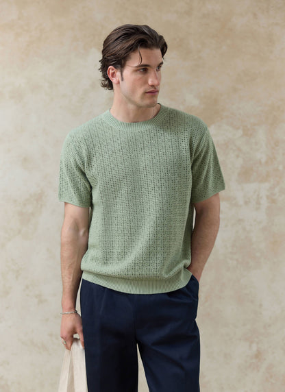 Men's Knitted T Shirt - Siena - Cotton - Pistachio Green | Percival Discount