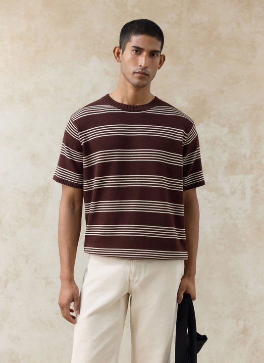 Men's Knit Cotton T Shirt - Fiction Striped - Espresso | Percival Value