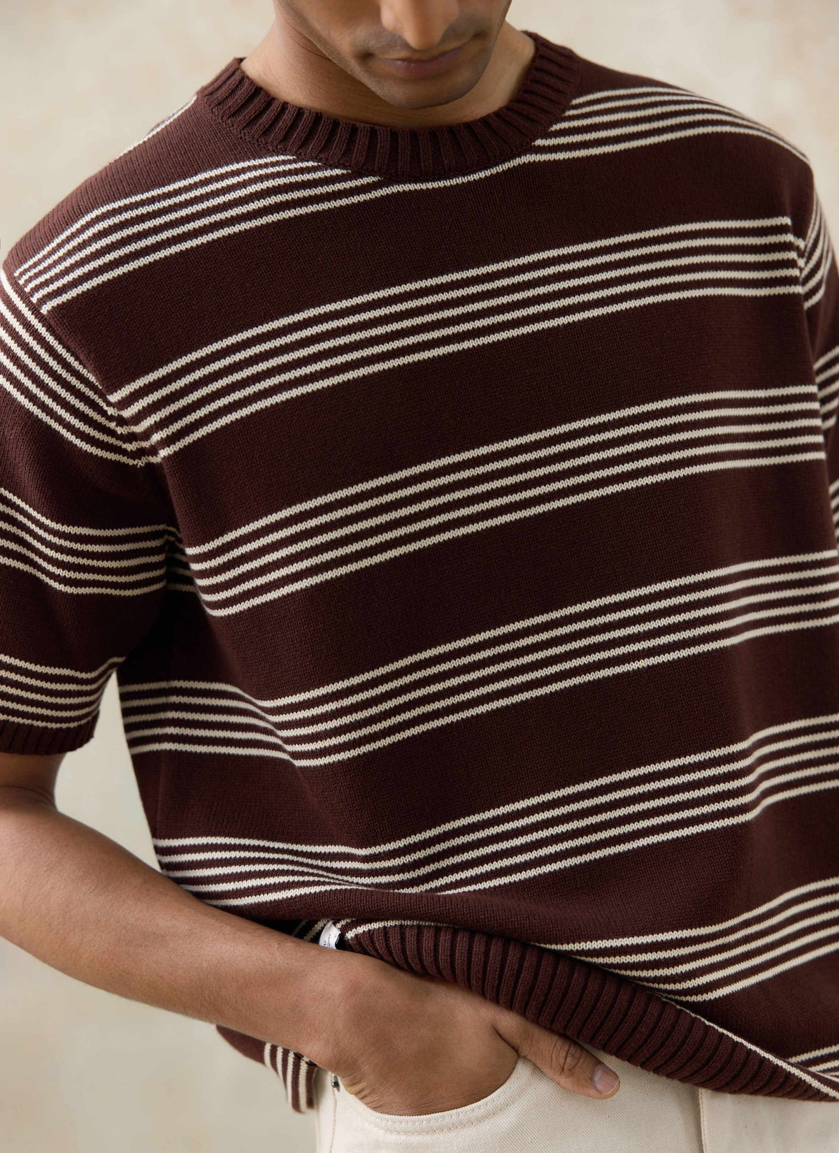 Men's Knit Cotton T Shirt - Fiction Striped - Espresso | Percival Value