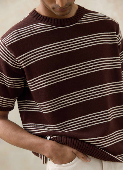 Men's Knit Cotton T Shirt - Fiction Striped - Espresso | Percival Value