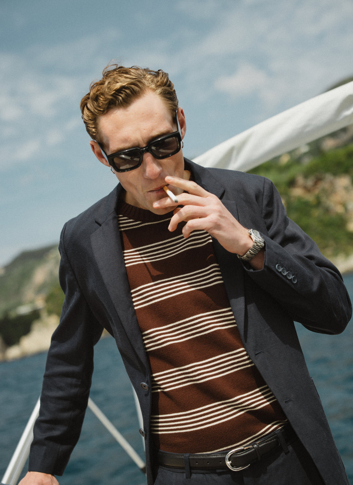 Men's Knit Cotton T Shirt - Fiction Striped - Espresso | Percival Value