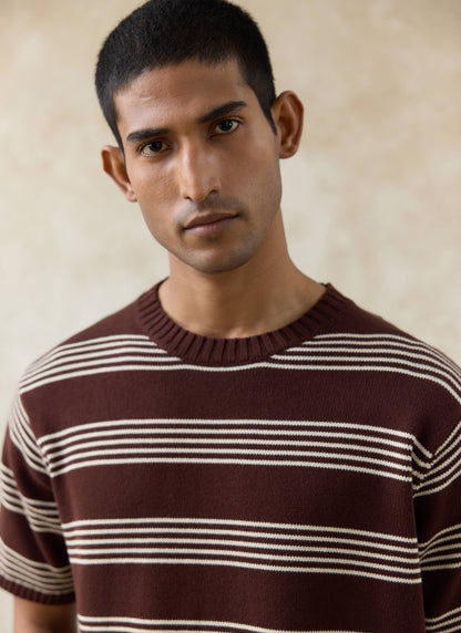 Men's Knit Cotton T Shirt - Fiction Striped - Espresso | Percival Value