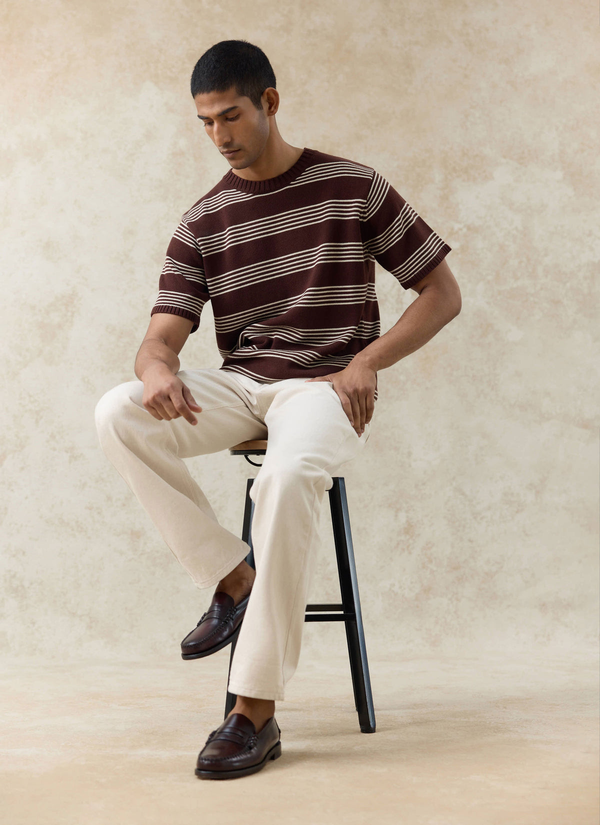 Men's Knit Cotton T Shirt - Fiction Striped - Espresso | Percival Value