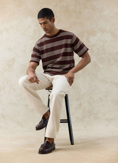 Men's Knit Cotton T Shirt - Fiction Striped - Espresso | Percival Value
