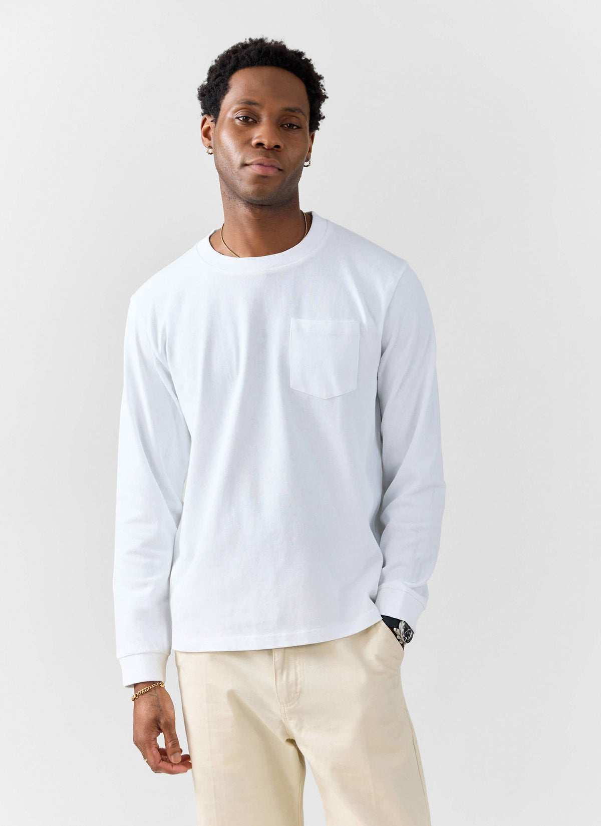 Long Sleeve Crew Neck T Shirt - Cotton - White | Percival Sale