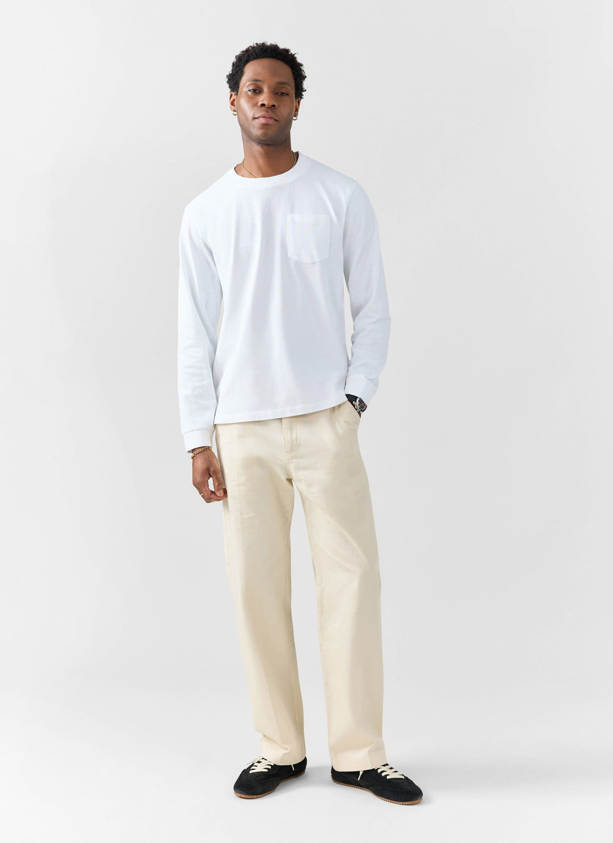 Long Sleeve Crew Neck T Shirt - Cotton - White | Percival Sale