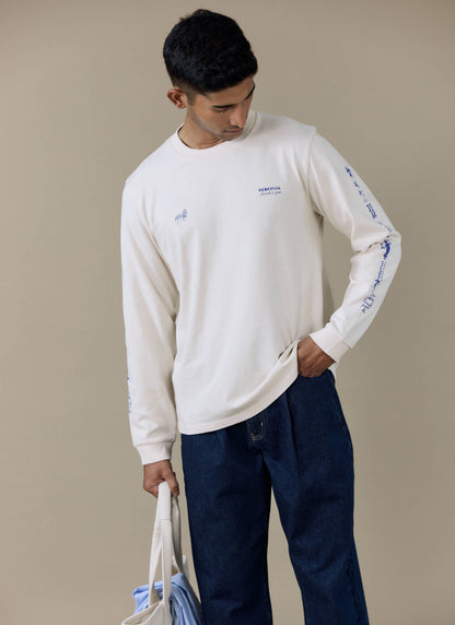 Men's Long Sleeve T Shirt - Fine Wines - Cotton - Cream | Percival Latest