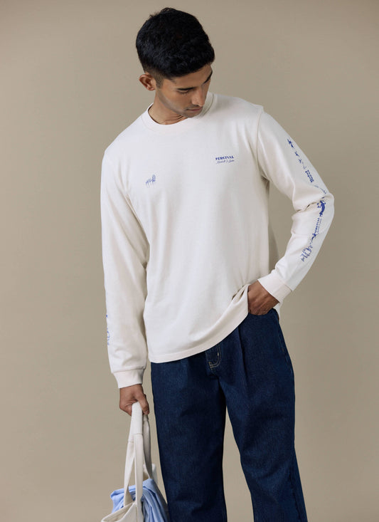 Men's Long Sleeve T Shirt - Fine Wines - Cotton - Cream | Percival Latest