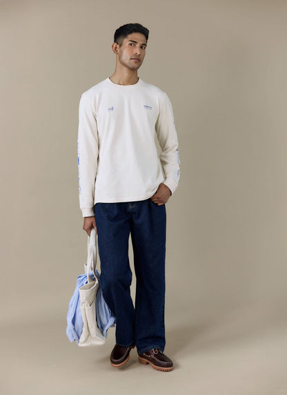 Men's Long Sleeve T Shirt - Fine Wines - Cotton - Cream | Percival Latest