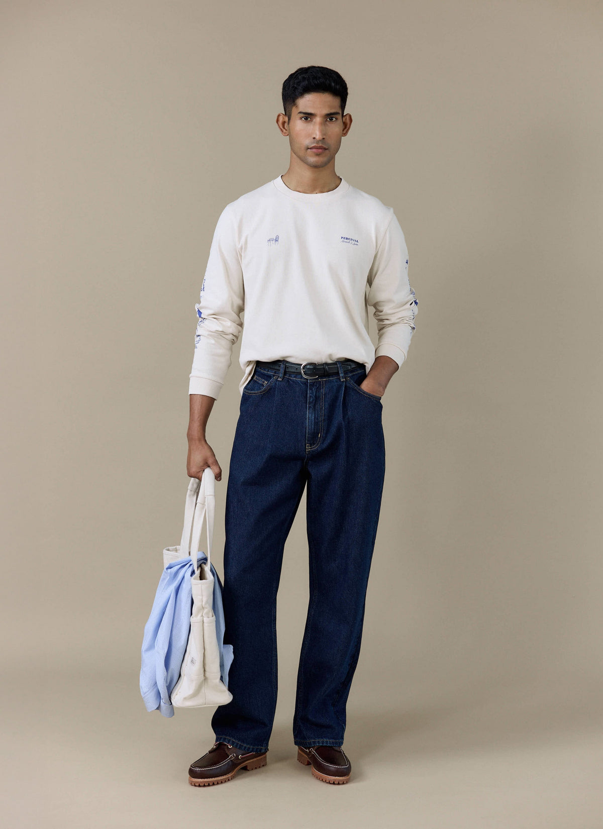 Men's Long Sleeve T Shirt - Fine Wines - Cotton - Cream | Percival Latest