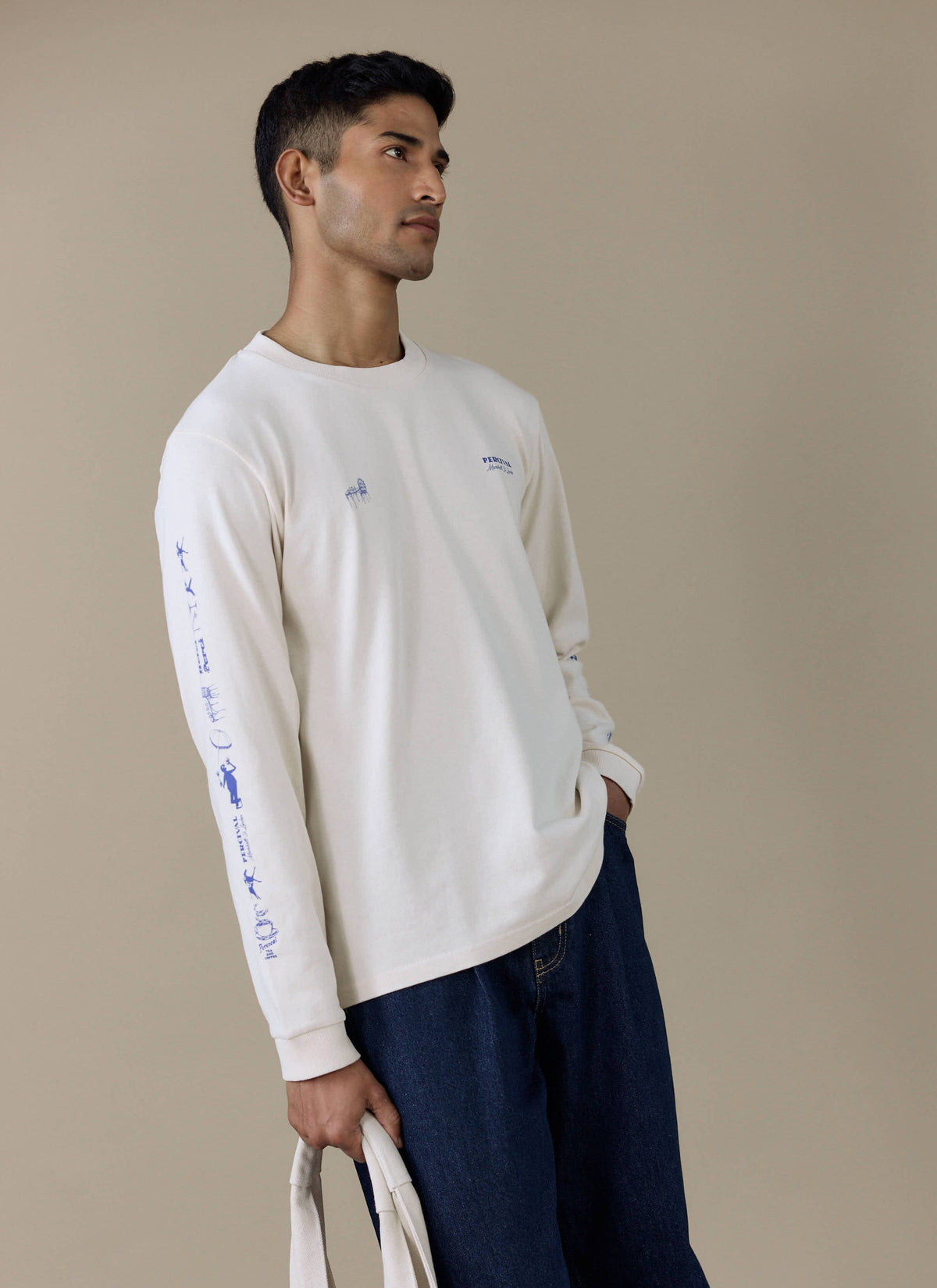 Men's Long Sleeve T Shirt - Fine Wines - Cotton - Cream | Percival Latest