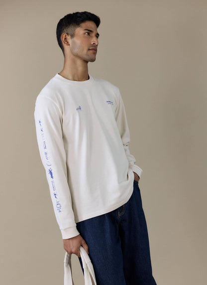 Men's Long Sleeve T Shirt - Fine Wines - Cotton - Cream | Percival Latest