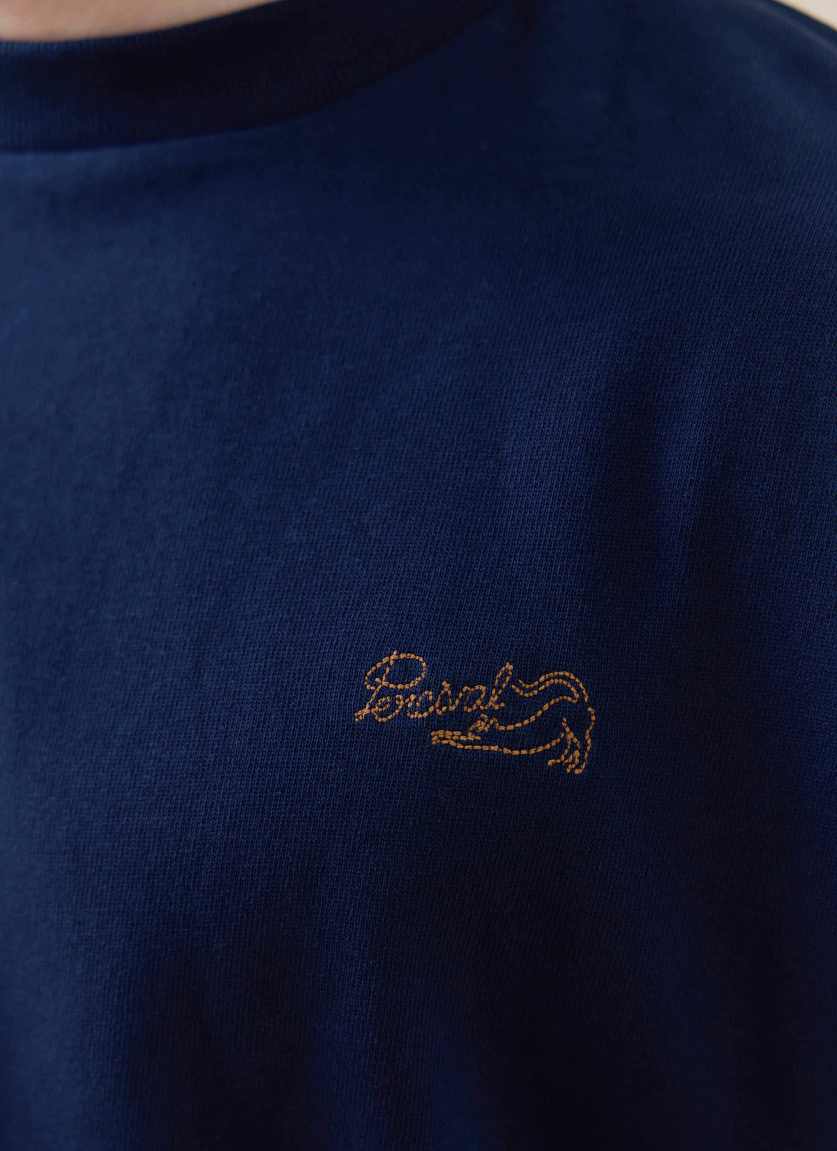 Men's Embroidered Navy T-Shirt - Clarke - Cotton | Percival Latest