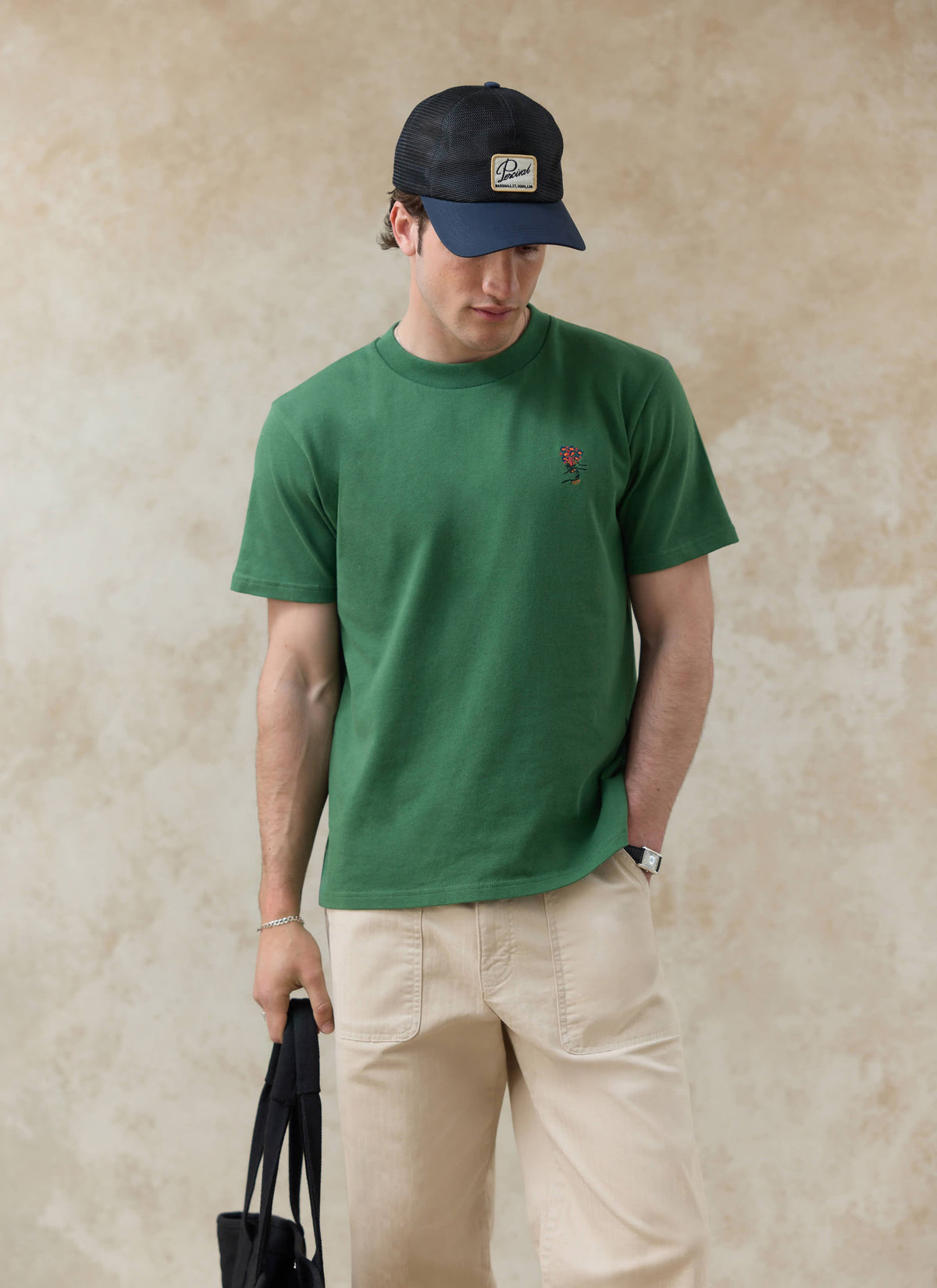 Men's Embroidered T Shirt - Davies - Cotton - Forest Green | Percival Special Offer