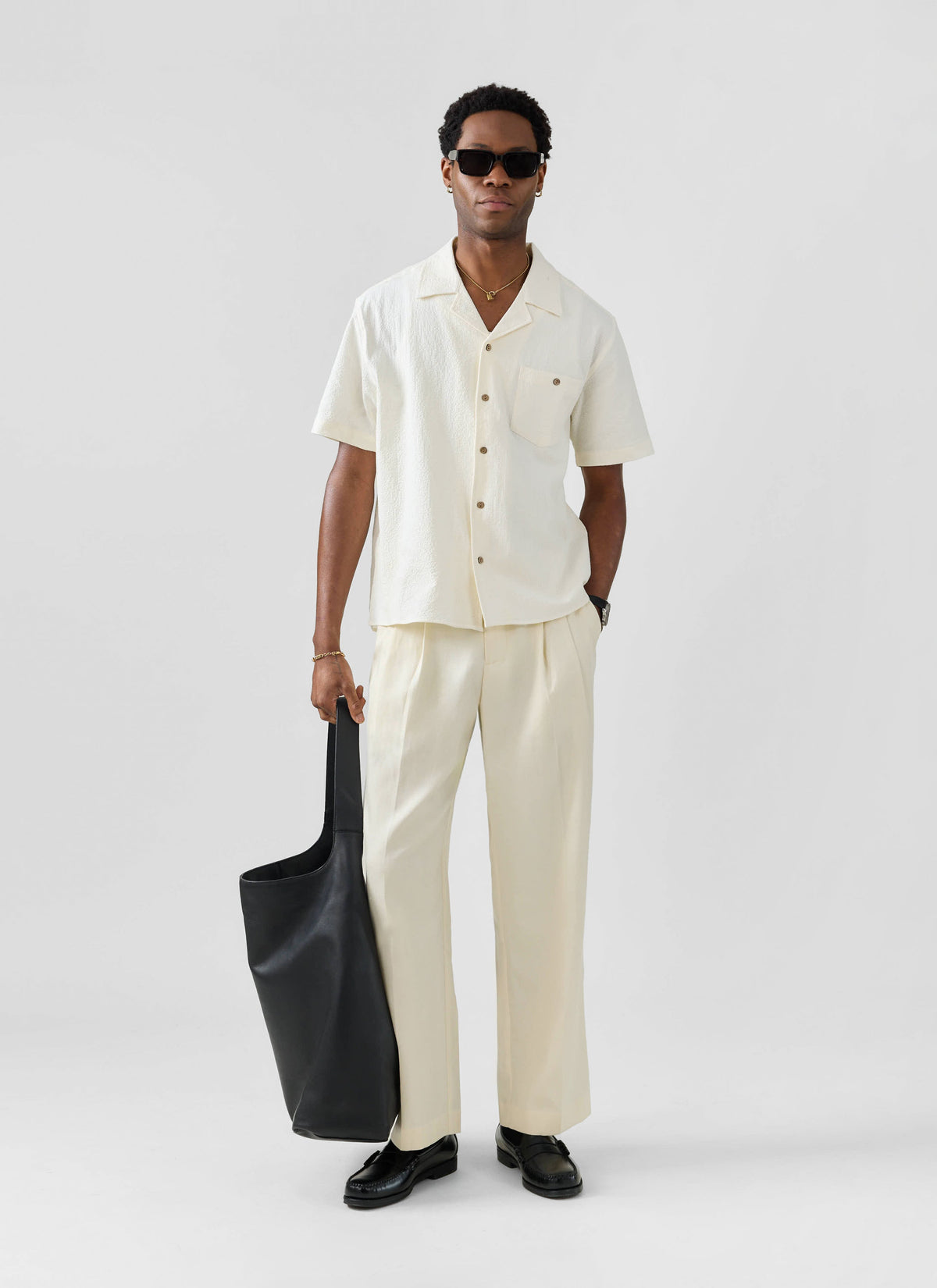 Men's Cuban Collar Short Sleeve Shirt - Seersucker - Ecru Cream | Percival Top Pick