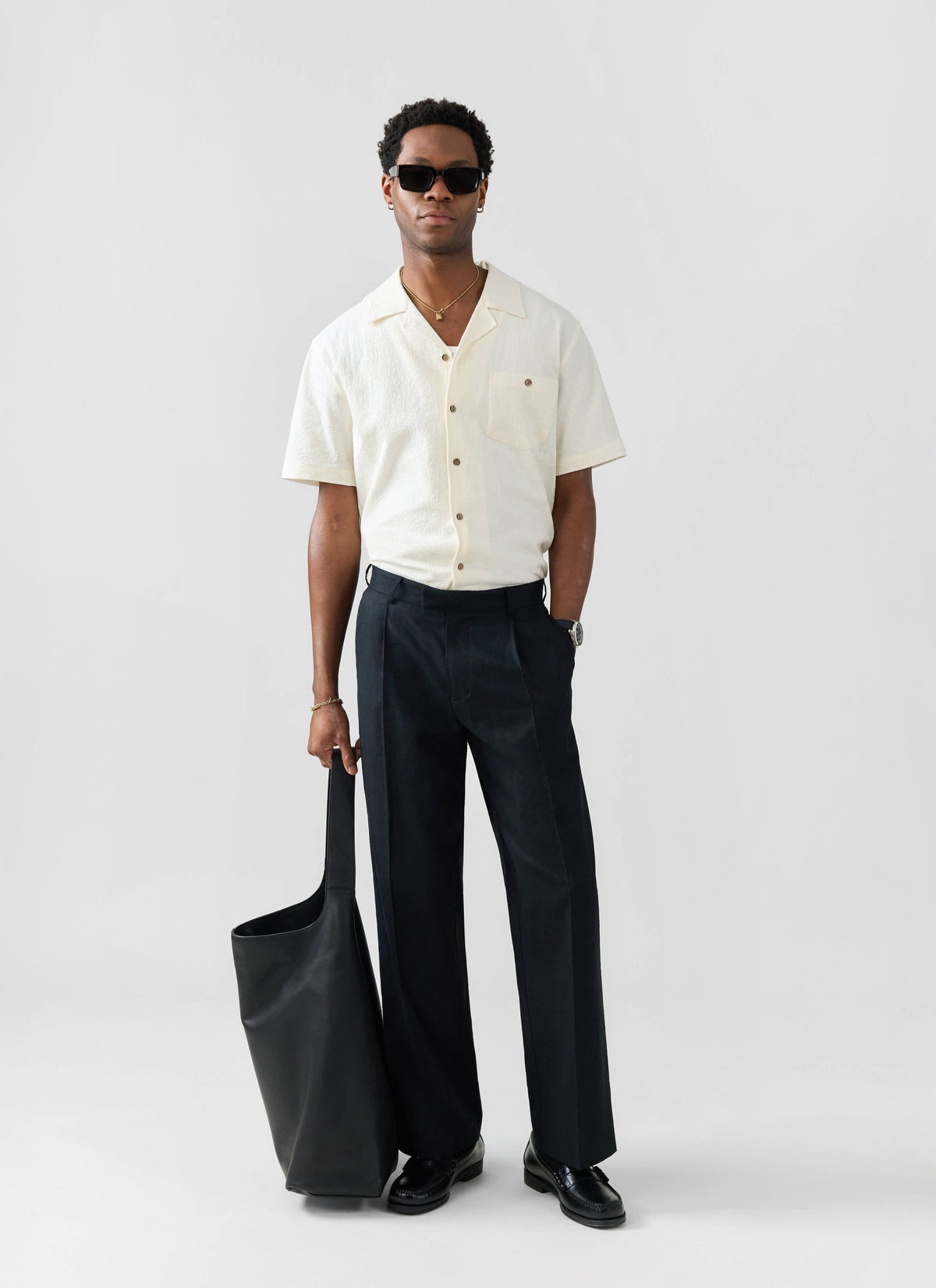 Men's Cuban Collar Short Sleeve Shirt - Seersucker - Ecru Cream | Percival Top Pick