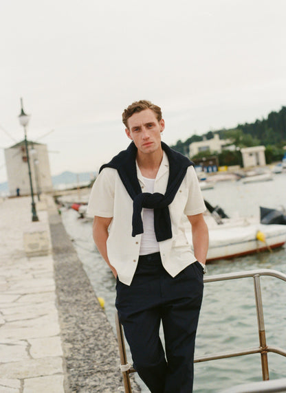 Men's Cuban Collar Short Sleeve Shirt - Seersucker - Ecru Cream | Percival Top Pick