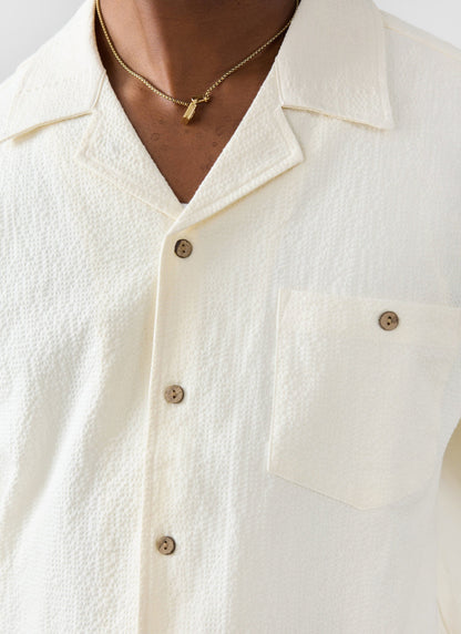 Men's Cuban Collar Short Sleeve Shirt - Seersucker - Ecru Cream | Percival Top Pick