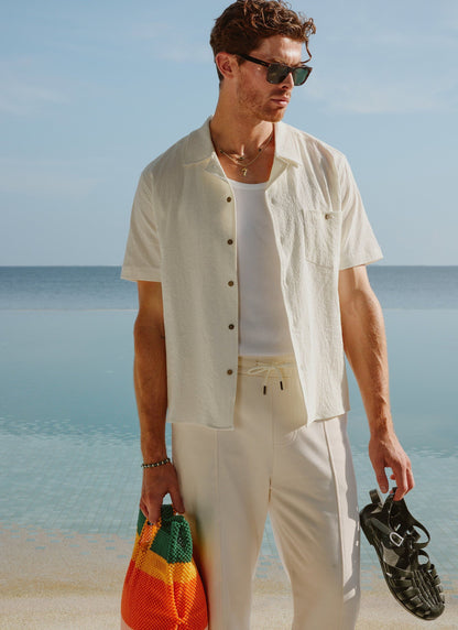 Men's Cuban Collar Short Sleeve Shirt - Seersucker - Ecru Cream | Percival Top Pick