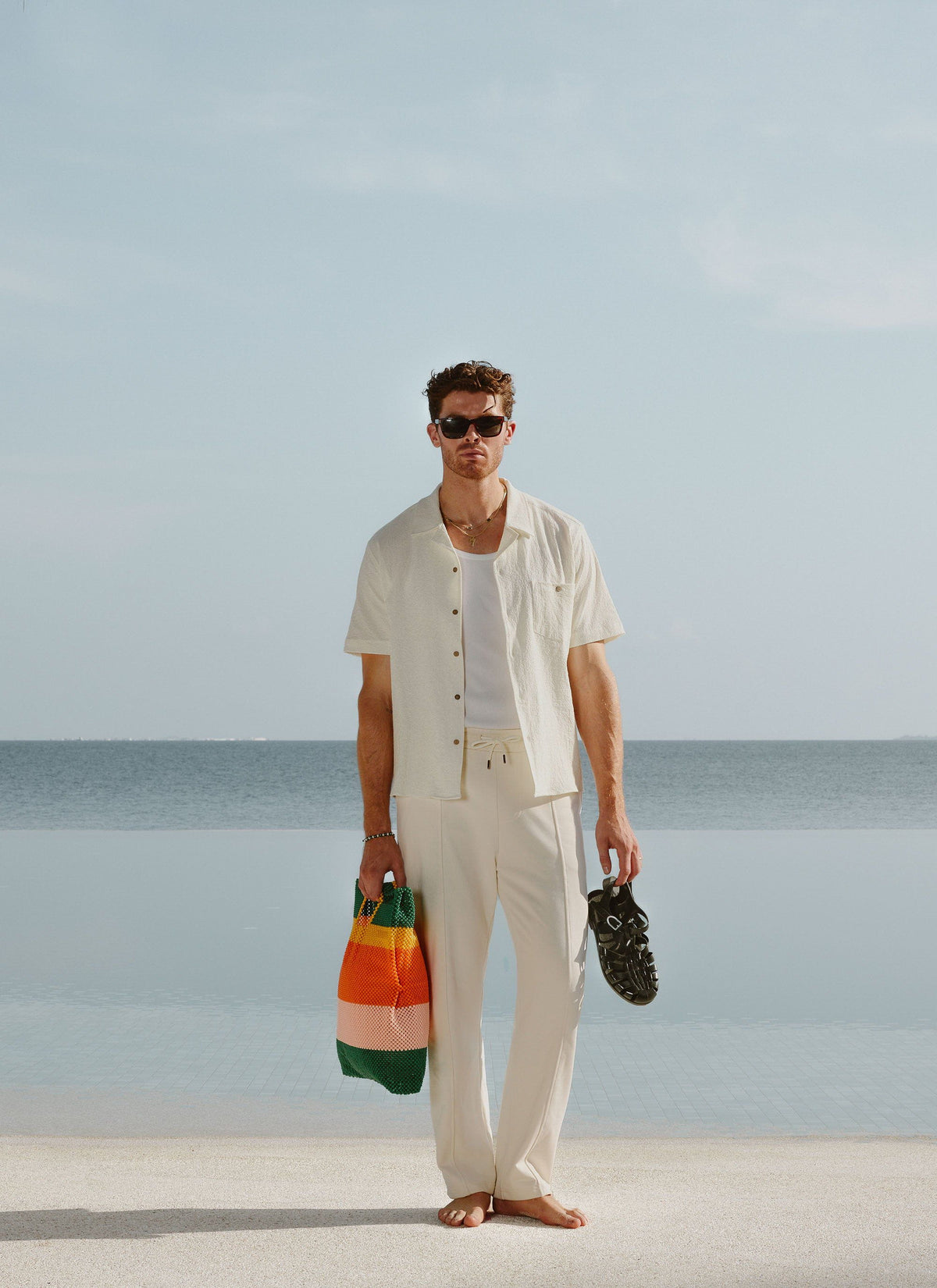 Men's Cuban Collar Short Sleeve Shirt - Seersucker - Ecru Cream | Percival Top Pick