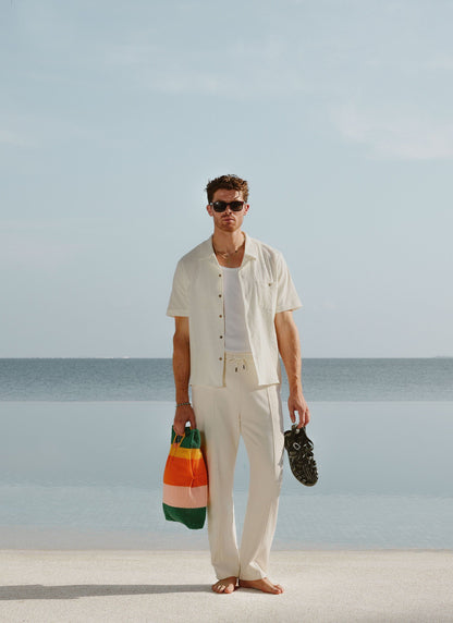Men's Cuban Collar Short Sleeve Shirt - Seersucker - Ecru Cream | Percival Top Pick