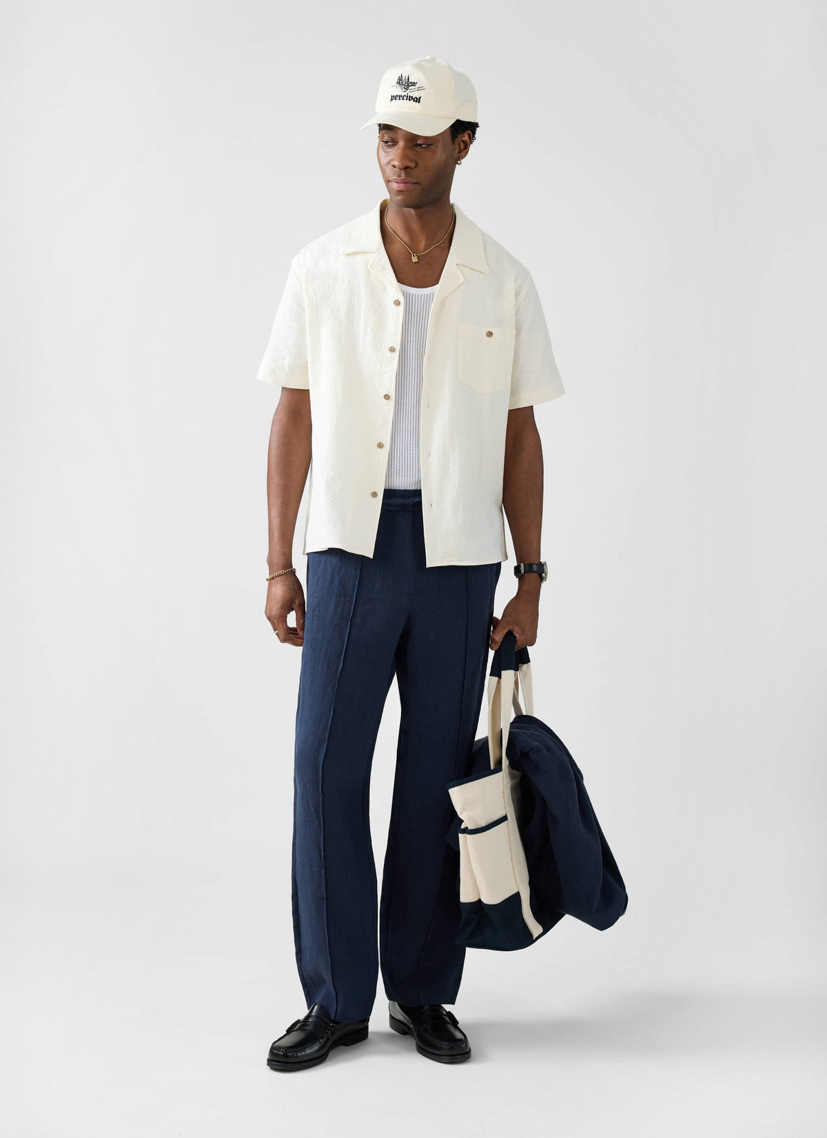 Men's Cuban Collar Short Sleeve Shirt - Seersucker - Ecru Cream | Percival Top Pick