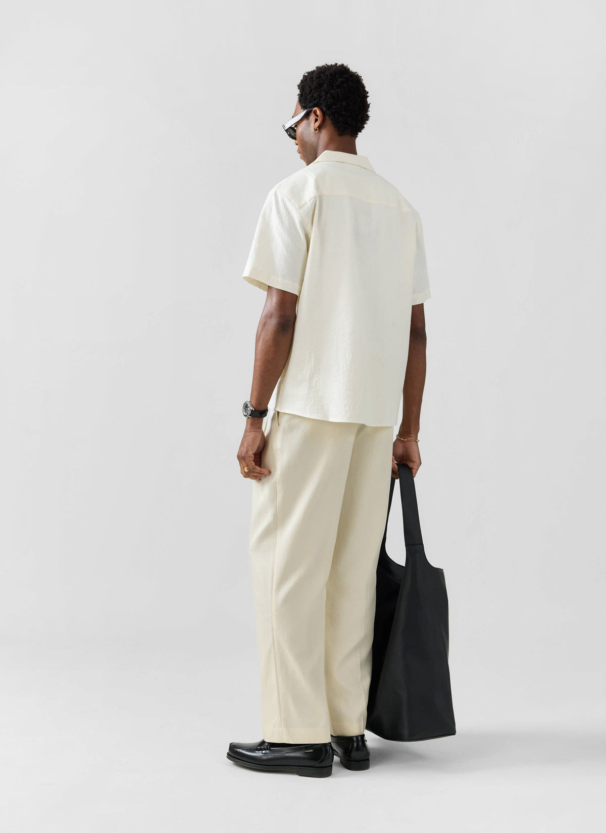 Men's Cuban Collar Short Sleeve Shirt - Seersucker - Ecru Cream | Percival Top Pick