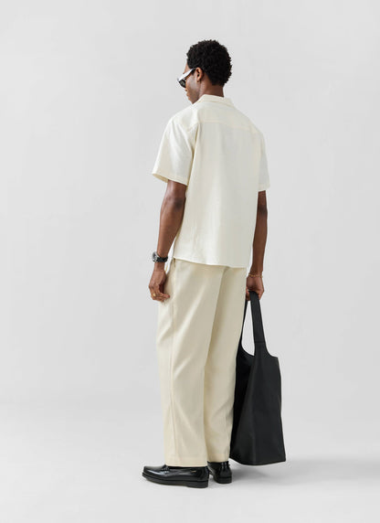 Men's Cuban Collar Short Sleeve Shirt - Seersucker - Ecru Cream | Percival Top Pick