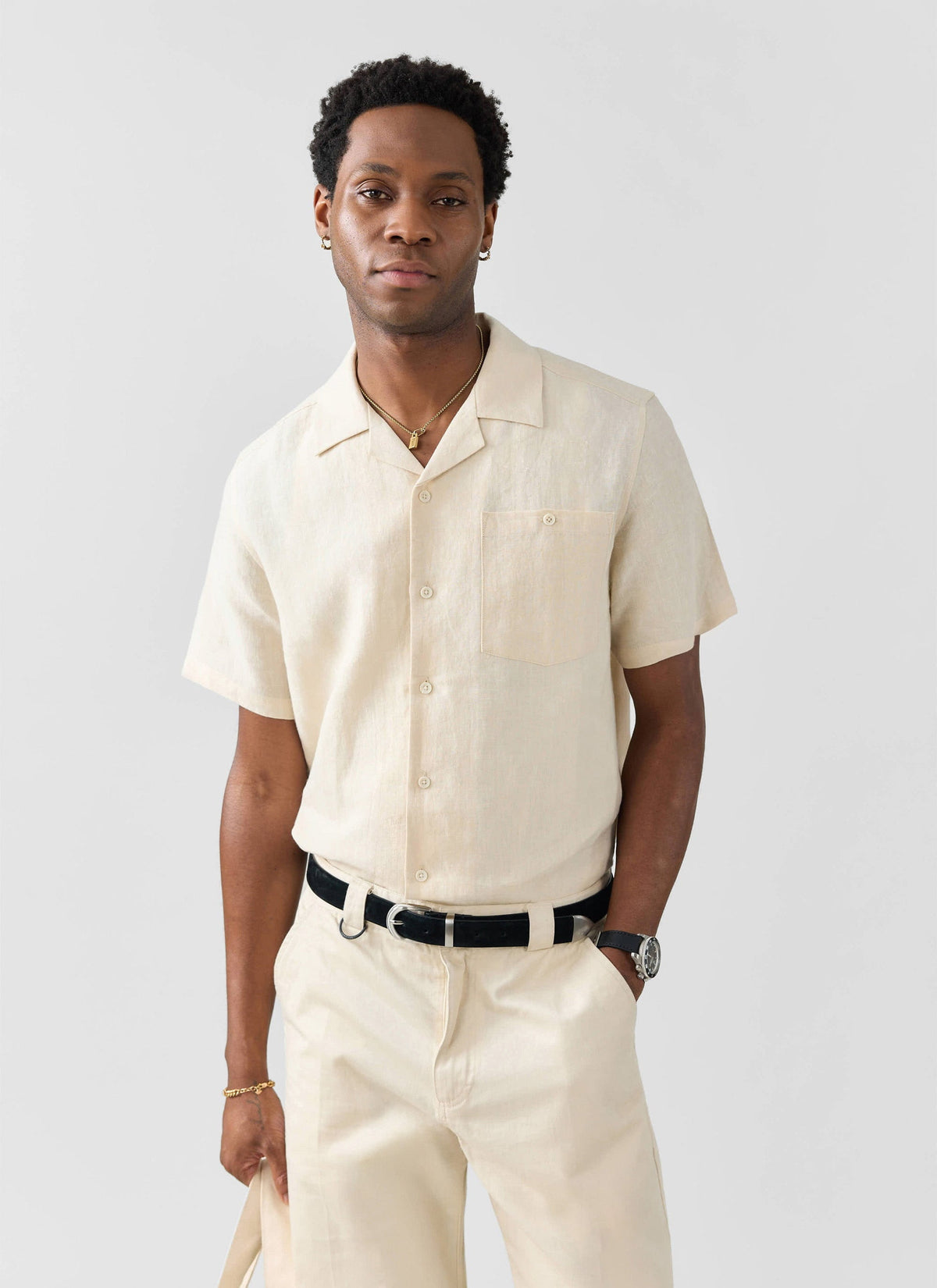 Men's Short Sleeve Cuban Shirt - Linen - Natural White | Percival Best Seller