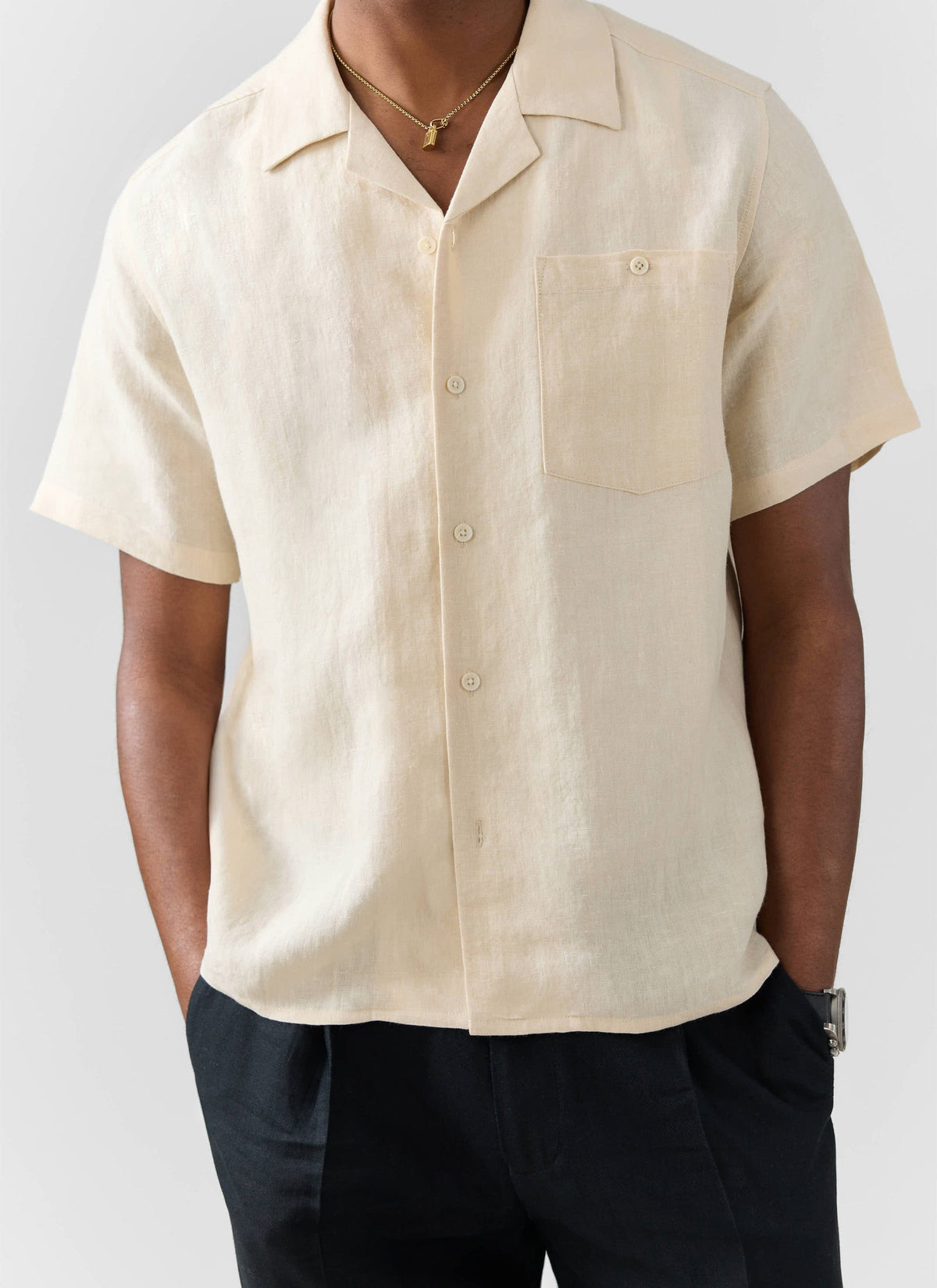 Men's Short Sleeve Cuban Shirt - Linen - Natural White | Percival Best Seller