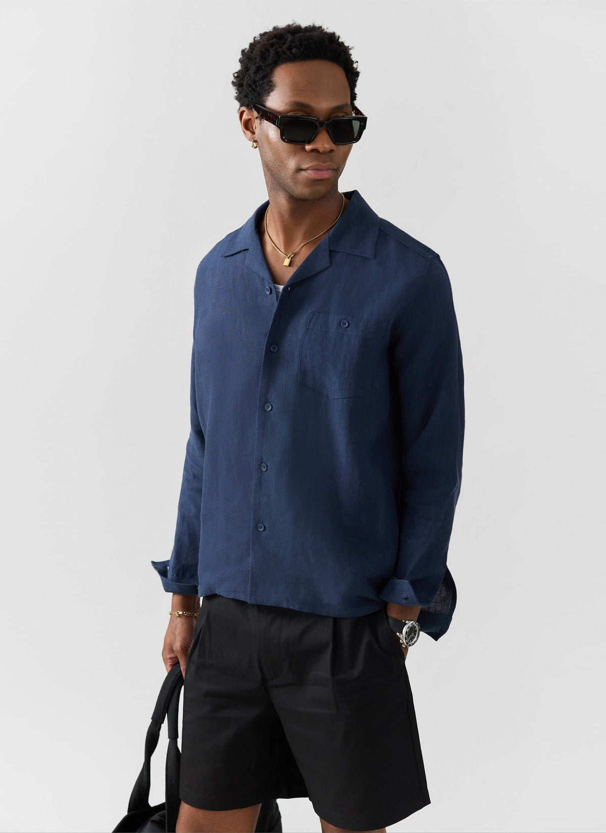 Long Sleeve Cuban Linen Shirt - Navy | Percival Discount