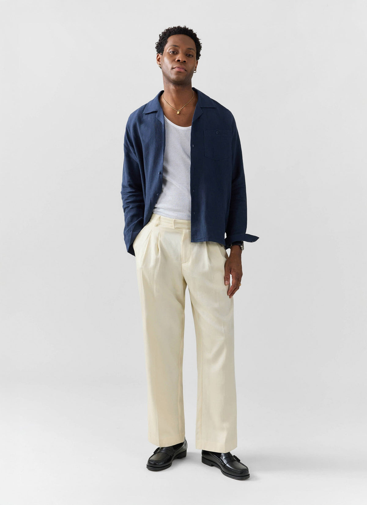 Long Sleeve Cuban Linen Shirt - Navy | Percival Discount