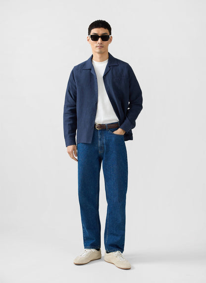 Long Sleeve Cuban Linen Shirt - Navy | Percival Discount